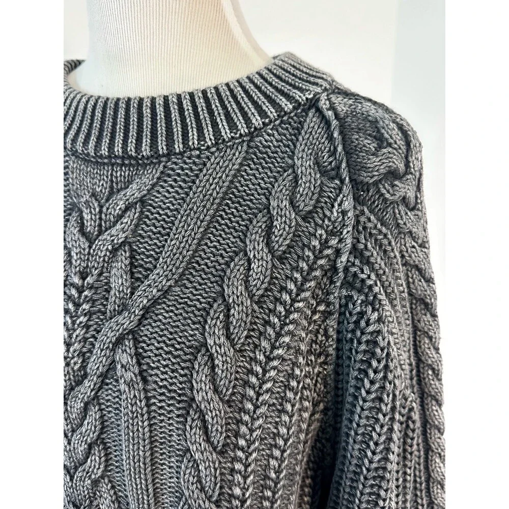 FREE PEOPLE Frankie Cable Knit Size L Black Sweater Fisherman Coastal Cabincore